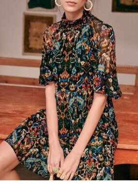 Sézane Ninon Dress in Ikat Multicolor Print, Size 34 EU, NWT